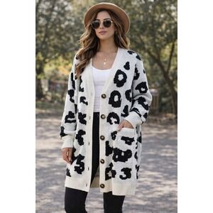 BTFBM Women XL Leopard Print Oversized Cardigan Sweater Black White Longline NWT